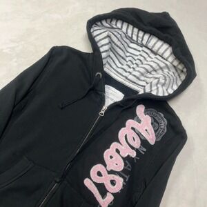 Y2K Aeropostale Hoodie Women's M Black Full Zip Embroidered Spellout Logo Vtg